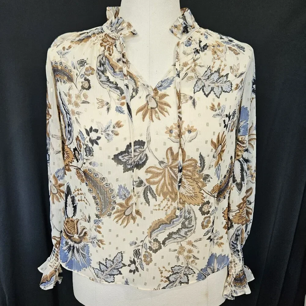 LOFT Size XS Womens Beige Floral Mock Neck Tie Long Puff Sleeve Blouse